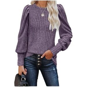 MIHOLL Purple Puff Sleeve Knit Sweater Cozy Lightweight Crewneck Pullover Size M